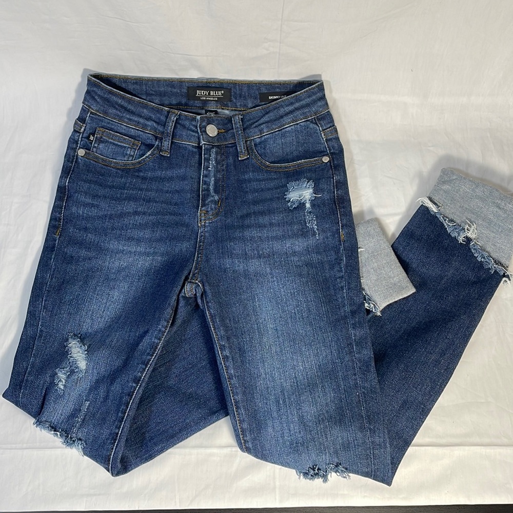 Judy Blue 1 / 25 Skinny Fit Cuffed Destroyed Distressed Dark Wash JB8822